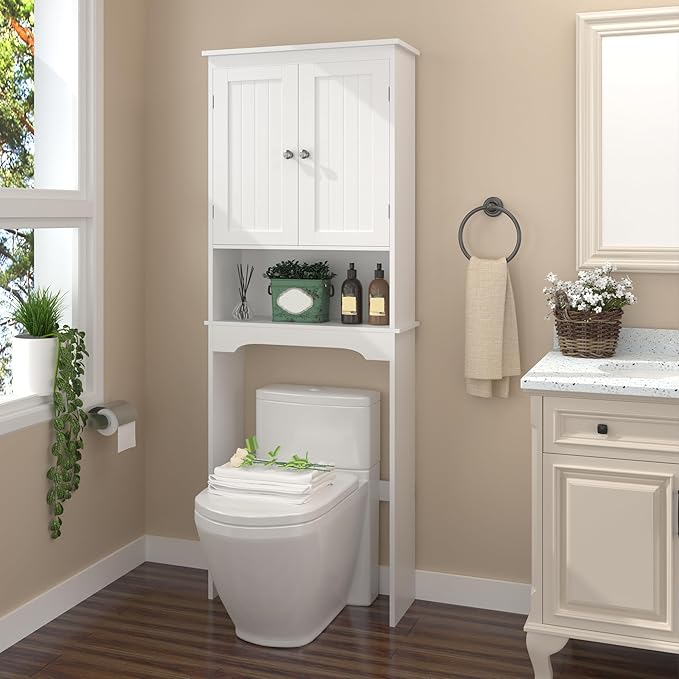 Over The Toilet Storage Cabinet, Bathroom Shelf Over Toilet, Bathroom Organizer and Storage Cabinet,Over Toilet Bathroom Organizer with 2 Doors, Paper Holder and Racks, Bathroom Decor (White-01)