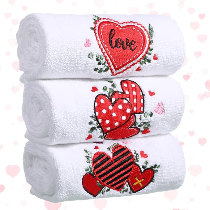 3 Pack Valentine's Day Bath Hand Towels Embroidered 100% Cotton 13.7 x 29.5 in Valentines Red Heart Love Bathroom Kitchen Decorations Valentines Day Dish Towel Gift Set(White,Eucalyptus)