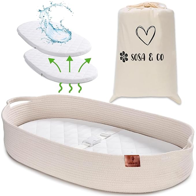 SOSA & CO Baby Changing Basket with Diaper Changing Pad Soft & Waterproof Dual-Cover Moses Baskets and Neutral Muslin Sheet - Diaper Changing Station - Cotton Rope Basket