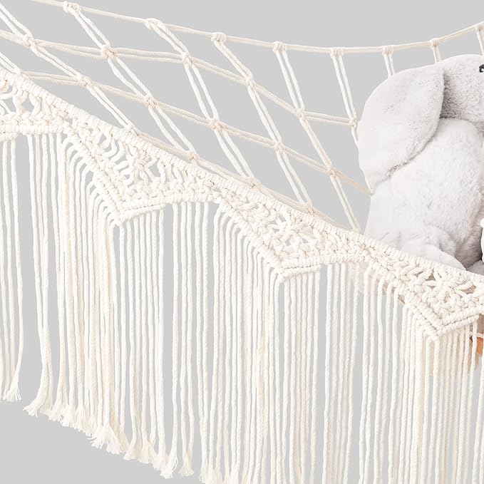 Mkono Stuffed Animal Hammock Corner Macrame Toy Storage Organizer with Tassels Boho Hanging Stuff Animals Net Large Capability Toys Display Holder for Nursery Kid Room Playroom, 2 Pieces