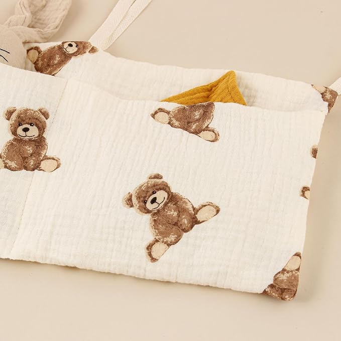 Baby Bedside Hanging Storage Bag Muslin Cotton Teddy Bear, Crib Diaper Caddy Organizer 2 Pockets, Nappy-Dormitory Nursery Organization Holder for Cribs, Playard or Wall Milk Bottle Bib Organizing
