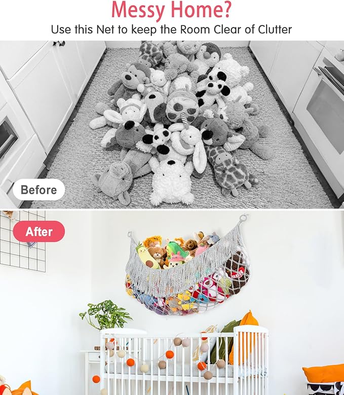 Stuffed Animal Hammock - Extra Large 63'' Long, Stuffed Animal Storage, stuffed animal Holder net, Hammock Large, Storage Hanging Organizer - Light grey
