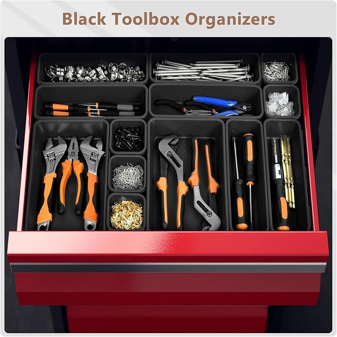 A-LuGei 【𝟰𝟲𝗣𝗖𝗦 & 5 Size】 Tool Box Organizer Tray Divider Set, 【Black】 Bathroom Drawer Organizer Bin, Garage Organization and Storage Toolbox Rolling Tool Chest Cart Cabinet WorkBench Small Part
