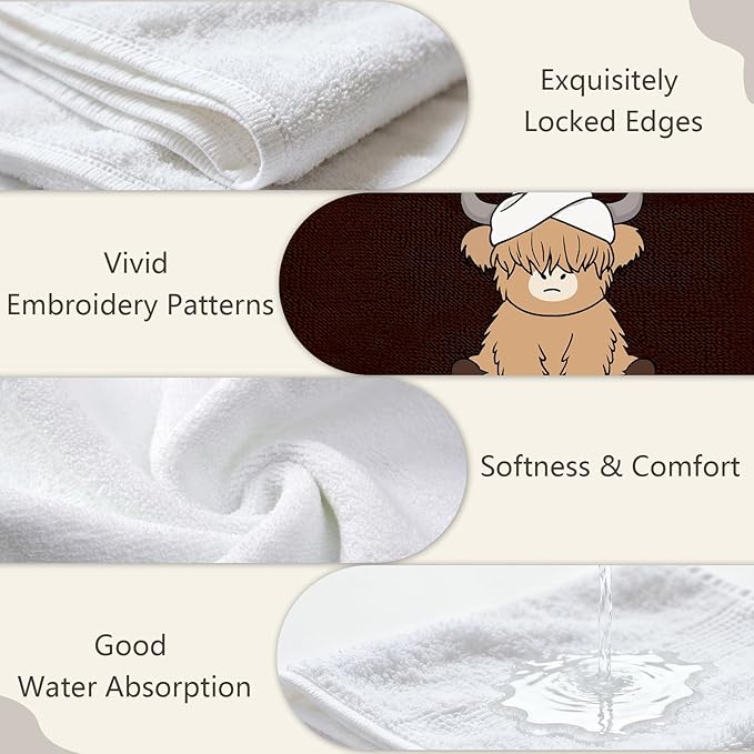 4 Pcs Highland Cow Hand Towels Cattle Embroidered Towel - 29" x 13.3" Soft Cotton Bathroom Towel Set Western Bath Towels Farmhouse Bathroom Decor Highland Cow Kitchen Decor Cute Housewarming Gift