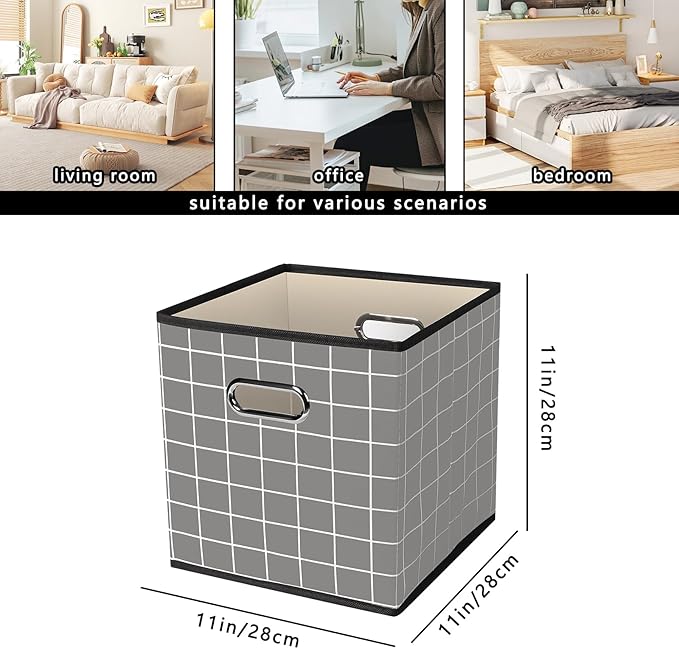 Black Foldable Storage Cubes Bins, Fabric Storage Box Cubes Organizer Baskets with Dual Handles for Home Organizer,Set of 6,(Grey grid)