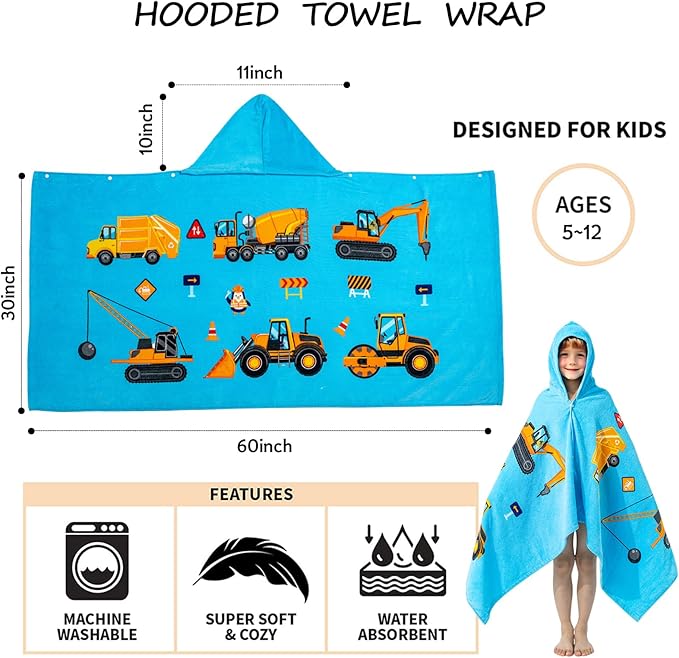 Gealaek 100% Cotton Hooded Towel for Toddlers 5-12 Years Boys Girls 60"x30" Extra Large Wearable Wrap Kids Bath Pool Beach Towel Soft Absorbent Beach Poncho(Construction Site XL)