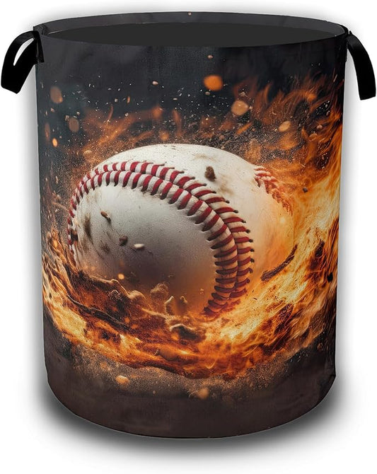 Sport Baseball Ball In Fire Laundry Hamper, Collapsible Laundry Baskets Waterproof Oxford Cloth With Handles,Clothes Storage Bucket Toy Organizer For Bathroom/Nursery/Bedroom 16" x 20.8"
