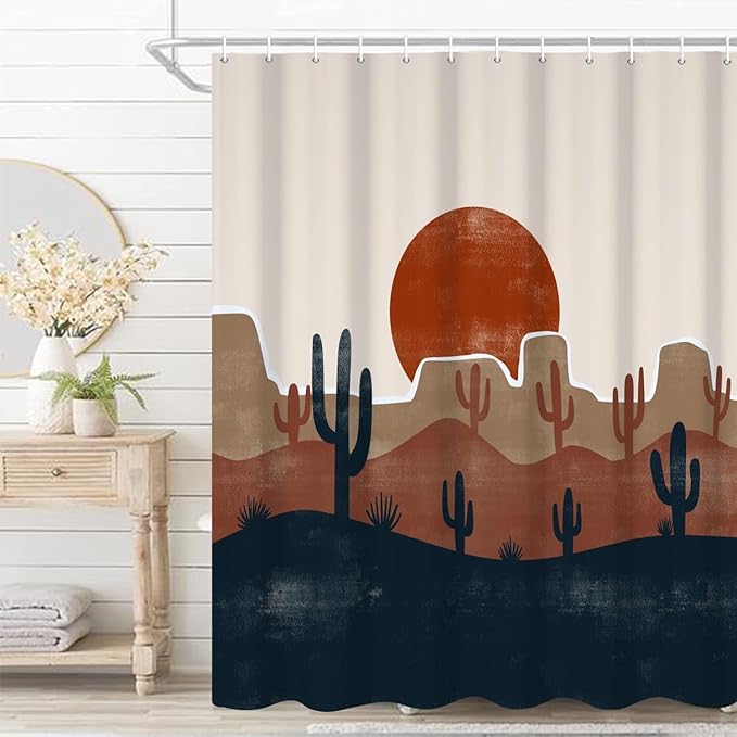 Abstract Mid Century Bohemian Bathroom Shower Curtain - Desert Cactus Red Sun With Hooks, Waterproof Fabric Polyester, Modern Aesthetics Home Decorative, 48x72 Inch