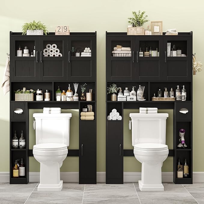 Over The Toilet Cabinet,Farmhouse Toilet Cabinet Rack with 3 Acrylic Doors and Adjustable Storage Shelf,Space Saving Bathroom Organizer with Toilet Paper Holder Stand for Restroom, Laundry，Black