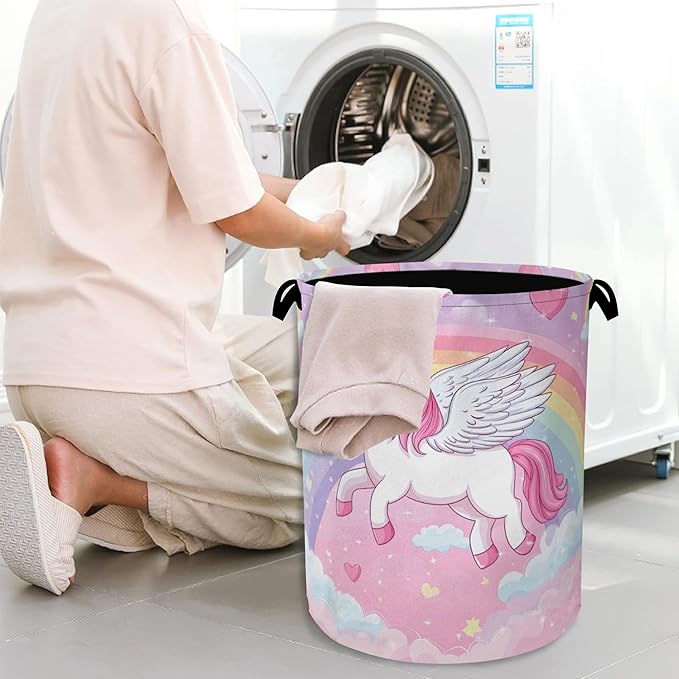 Cute Unicorn Laundry Basket,Rainbow Foldable with Handles Tote Bag Oxford Cloth for Bathroom Bedroom Dirty Clothes Storage Bucket 16" x 20.8"