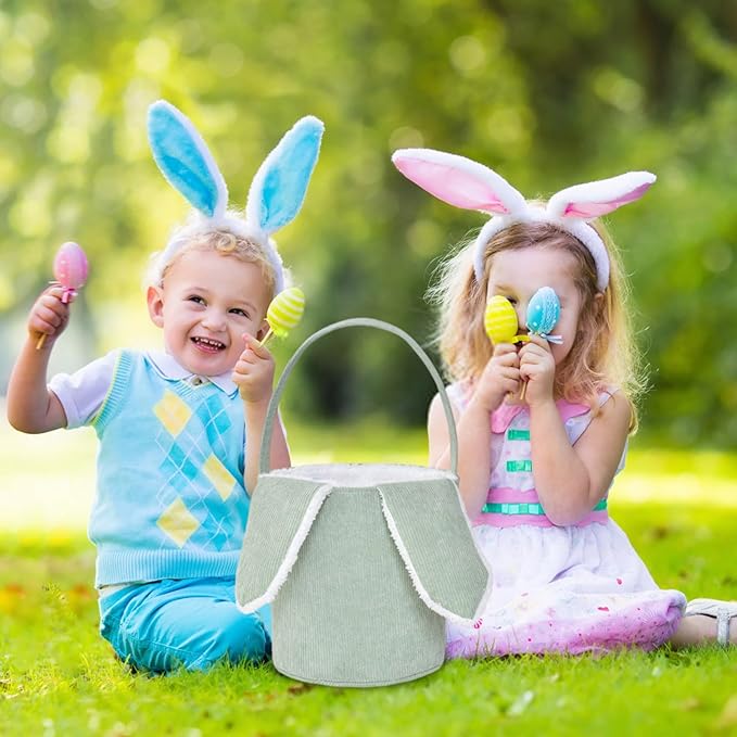 Easter Bunny Basket, Cute Easter Bucket Bags with Rabbit Ears for Easter Eggs Hunting, Plush Easter Bunny Basket, Easter Tote Bags for Candy Storage Decorations (Green)