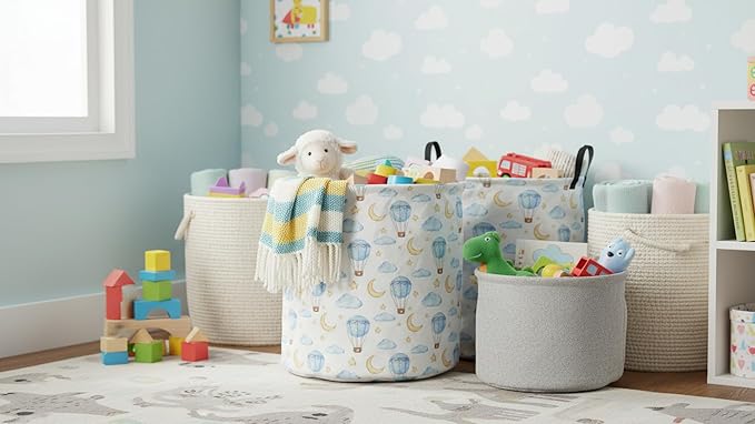CLOCOR Round Collapsible Flat Storage Basket,Space-Saving Fabric Laundry Hamper for Clothes,Nursery Hamper,Gift Basket(Blue Balloon)