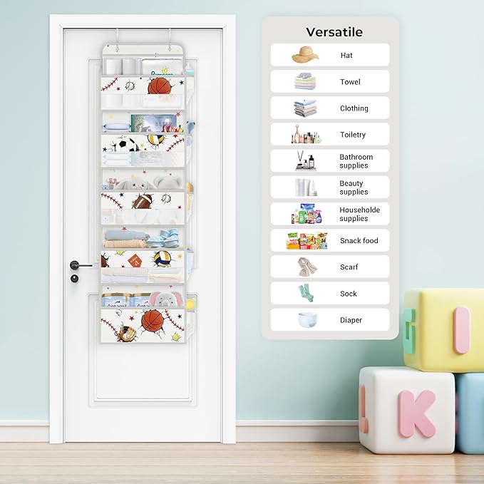 Clastyle Ball Over The Door Organizer Star Nursery Hanging Storage Organizer for Boys Clothes Diaper Toy Closet Door Hanging Shelf Storage for Bedroom Bathroom Pantry, Sport, 5-Tier