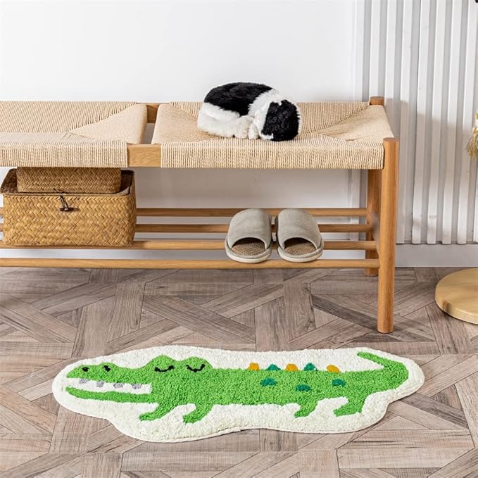Green Crocodile Shaped Rug Cute Faux Animal Print Bath Mat Shower Rug for Bathroom, Tub, Shower - Non-Slip Water Absorption Carpet for Home Decor Door Mat Playmat 15.7x29.5in