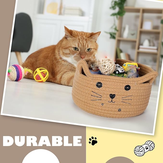 Zopeal Cat Basket Storage Woven Organizer with Ears Christmas Decorative Pet Toy Cute Cotton Rope Basket for Gift Cat Dog Toy Bin Nursery Room(13.7 x 7.8 Inch,Khaki)