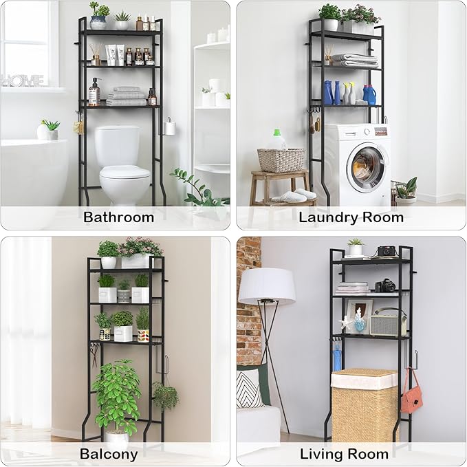 YBING Over The Toilet Rack 3 Tier Bathroom Shelf Over Toilet Storage Organizer Freestanding Above Toilet Storage Rack with Metal Frame and Hook Bathroom Over Toilet Storage Stand Black