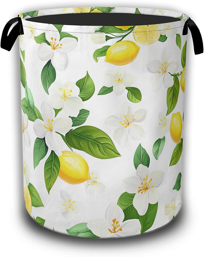 Lemon Fruits Laundry Hamper,Flowers Leaves Laundry Baskets,Waterproof Oxford Cloth Toy Storage for Bedroom,Bathroom,Nursery,16x20.8 Inch