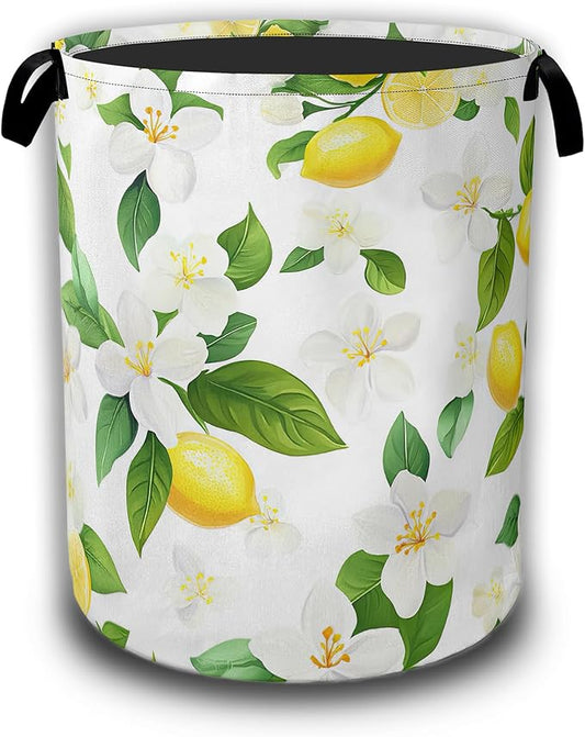 Lemon Fruits Laundry Hamper,Flowers Leaves Laundry Baskets,Waterproof Oxford Cloth Toy Storage for Bedroom,Bathroom,Nursery,16x20.8 Inch