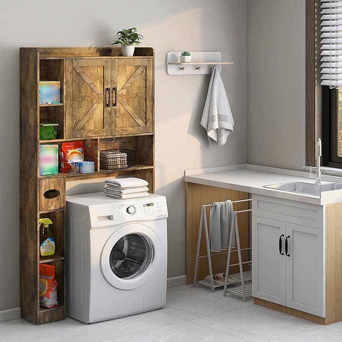 Vabches Over The Toilet Storage Cabinet, Farmhouse Storage Cabinet Over Toilet with 2 Barn Doors & Toilet Paper Holder Stand，Home Space-Saving Toilet Rack, for Bathroom, Restroom, Laundry.