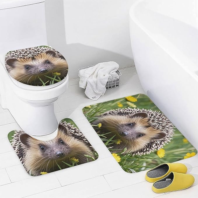 4 Piece Bathroom Rug Set with Shower Curtain, Non-Slip Bath Mat Toilet Cover Set, Hedgehog Bathroom Rug Sets