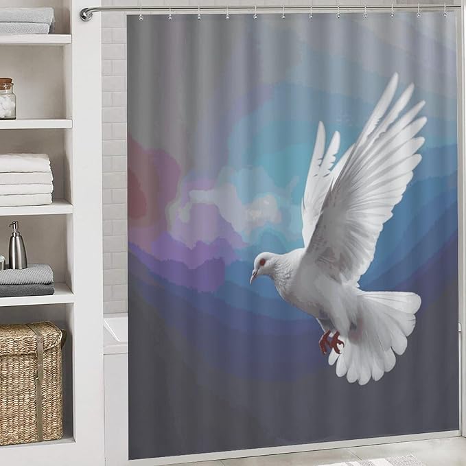 4 Piece Bathroom Rug Set with Shower Curtain, Non-Slip Bath Mat Toilet Cover Set, Peace Dove Bathroom Rug Sets
