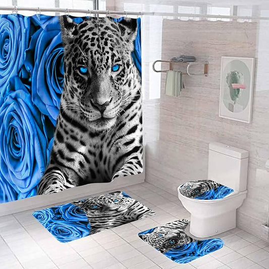4PCS Blue Rose and Leopard Shower Curtain Sets with Rugs, Waterproof Fabric Shower Curtain, Modern Aesthetic Floral African Safari Wildlife Wild Animal Black and White Cheetah Bathroom Decor