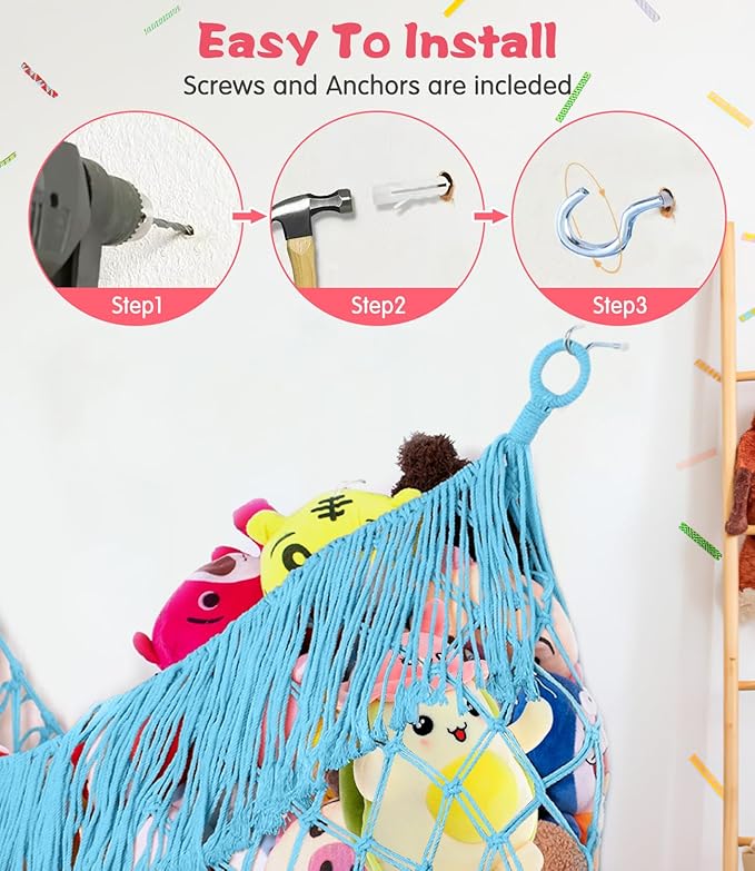 Stuffed Animal Hammock - Extra Large 56'' Long, Stuffed Animal Storage, stuffed animal Holder net, Hammock Large, Storage Hanging Organizer - Blue