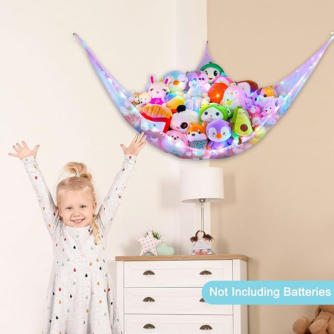 Unicorn Castle Stuffed Animals Net or Hammock Kids Toy Storage Organizer with LED Light Hanging Corner Stuffed Animals Holder Kids Girls Room Decor,Blue-Purple,Large (Pack of 1)