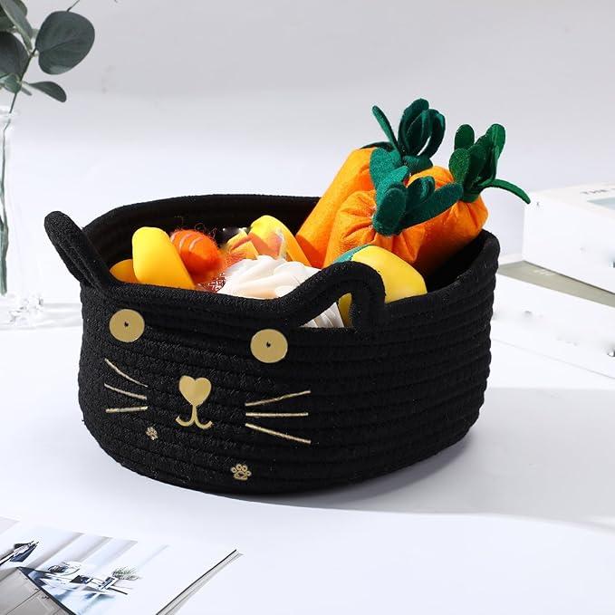 Zopeal Cat Basket Storage Woven Organizer with Ears Christmas Decorative Pet Toy Cute Cotton Rope Basket for Gift Cat Dog Toy Bin Nursery Room(8.3 x 4.7 Inch,Black)