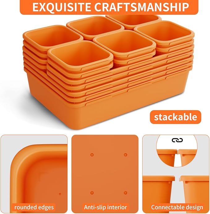 45 Pack Desk Drawer Organizer Tray, 3 Sizes Plastic Drawers Organizer Storage for Kitchen, Bathroom, Office, Vanity, Makeup, Utensils, Junk Drawer Organizer Bins, Gadget Trays for Organizing, Orange