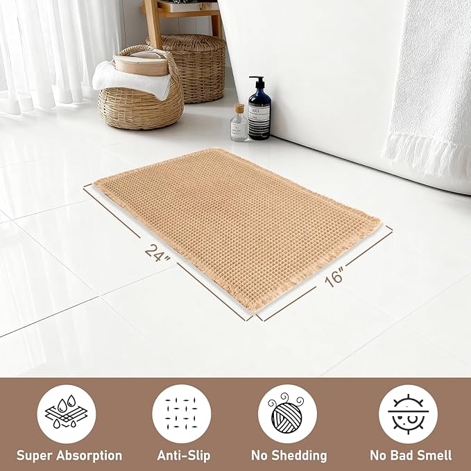 Hiasan Waffle Bath Mat, Super Absorbent Non Slip Bathroom Boho Rug with Tassels, Machine Washable Bath Mats for Bathroom, Ultra Soft Rubber Backed Rug, Brown, 16 x 24 Inches