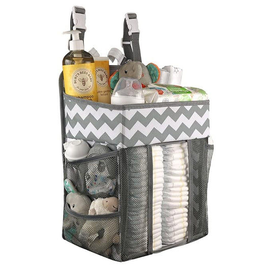 Hanging Diaper Caddy Organizer - Large Nursery Storage for Essential Newborn Baby Items - 2 Compartments, 3 Mesh Pockets - Durable Hooks to Hang on Bassinet, Changing Table, Crib