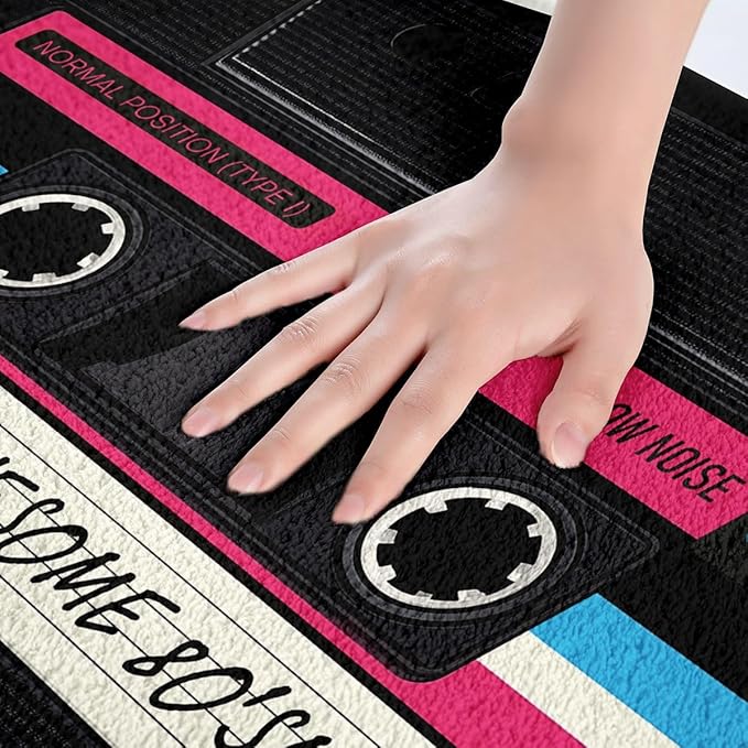 80s Party Bathroom Mat 16"X24",Audio Cassette Microfiber Bath Rug Kid Children,Vintage Music Theme Non Slip Back Inside Room Decor,Retro Tape Entry Door Mat Bathroom Music Art Style Bath Carpet,Luxury