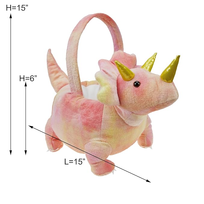 DearSun Exquisite Embroidery ! Personalized 3D Adorable Pink Dinosaur Basket Easter Egg Hunting Basket Easter Gift Basket with Embroidery Name (Pink Plush Triceratops Basket)