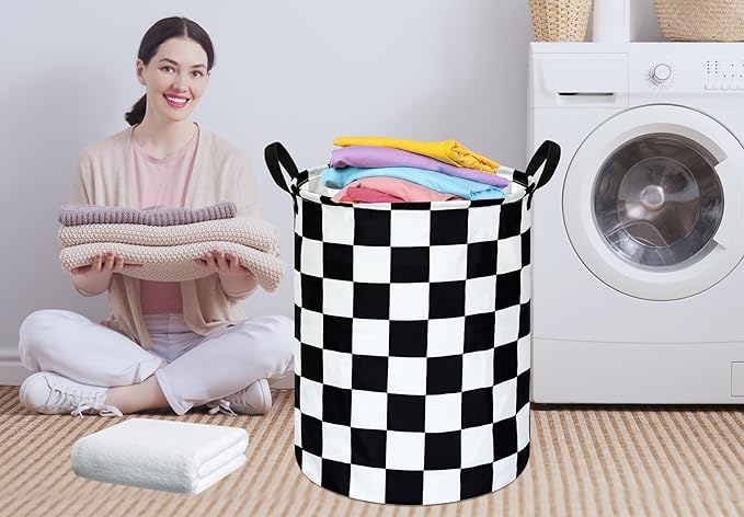 19.7 Inch Round Laundry Hamper Black Check Laundry Basket Fabric Storage Hamper Organization Basket, Storage Bin, Toy Box,Gift Basket with Handles for Room