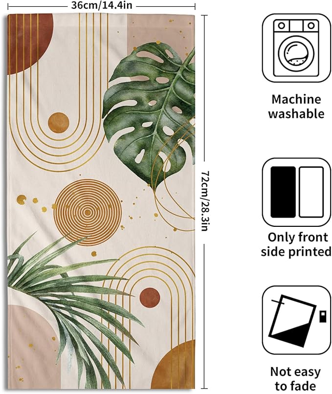 Abstract Boho Palm Leaves Hand Towels for Bathroom Set of 2 Vintage Bohemian Green Leaves Kitchen Towel Mid Century Decorative Fingertip Towel Soft Absorbent Dish Towel for Home Guest Gym Spa 14"x28"