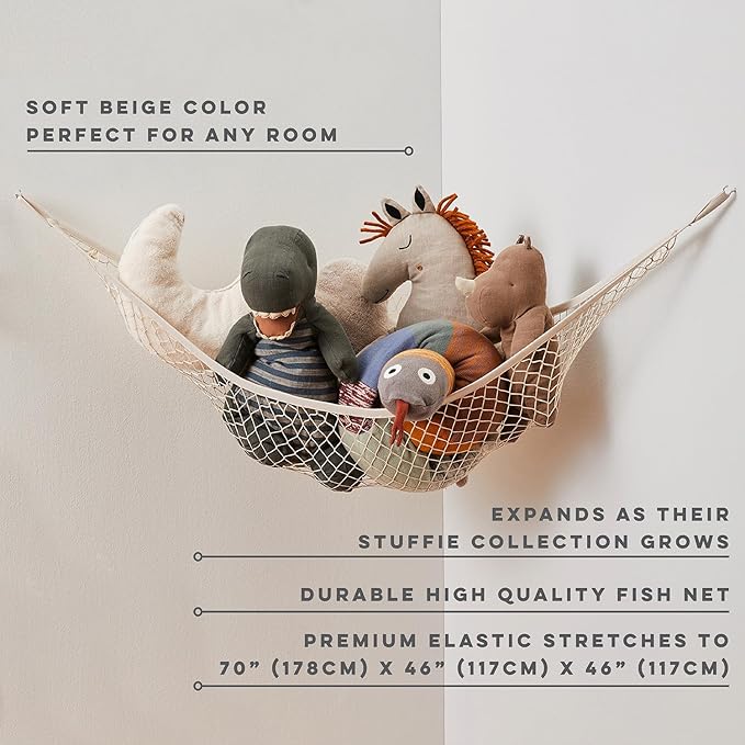3 Sprouts Large Stuffed Animal Hammock - Corner Wall Toy Net Organizer for Plushie Animals, Teddy Bear Hanging Storage Solution, Stuff Toy Hammock Holder - Includes Anchors & Hooks