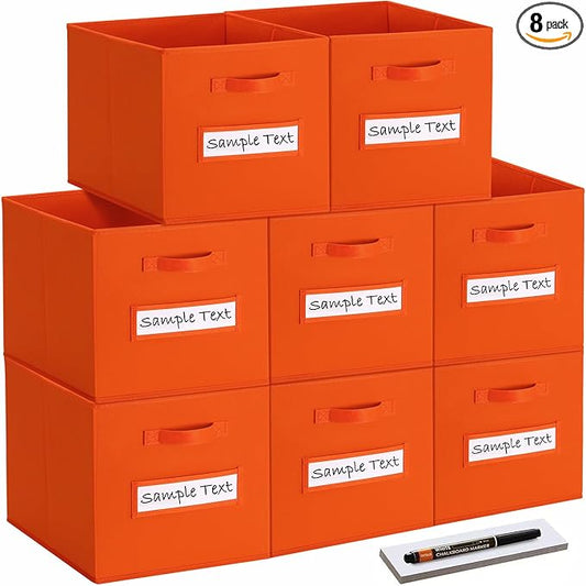 artsdi Fabric storage cubes (8 Pack) 11 Inch Cube Storage Bin, cube organizer bins with 8 Labels Window Cards & a Pen, Foldable cube organizer bins and Storage Box, Orange