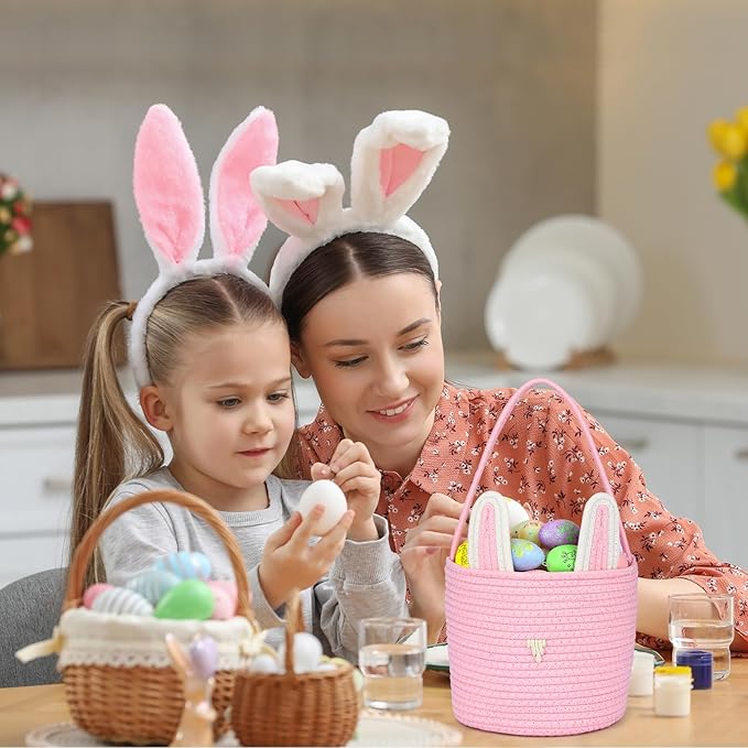 Personalized Easter Basket for Kids with Name - Custom Cute Embroidery Easter Bunny Rope Basket for Boys Girls, Easter Egg Hunt Basket (Pink)