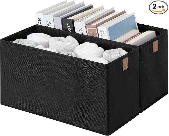 StorageWorks Long Narrow Storage Basket, Collapsible Fabric Storage Bins, Small Baskets for Organizing with PU Handle, Great for Clothes, Towels, and Socks, Black, 2-Pack