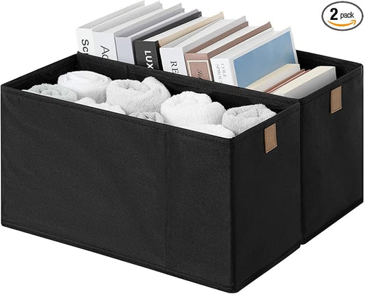 StorageWorks Long Narrow Storage Basket, Collapsible Fabric Storage Bins, Small Baskets for Organizing with PU Handle, Great for Clothes, Towels, and Socks, Black, 2-Pack