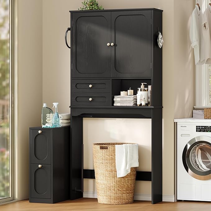 Over The Toilet Storage Cabinet with Free-Standing Cabinet & Towel Holder, Bathroom Storage Cabinet with 4 Section Drawers, Adjustable Shelves & Paper Holder for Bathroom, Laundry Room, Black