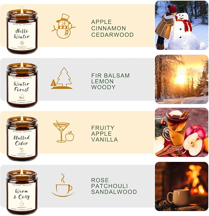 4 Pack Winter Candles - 28oz Soy Candle Set, Winter Scented Candles with Apple Cinnamon, Fir Balsam, Mulled Cider, Sandalwood – Holiday Candle Gifts for Women, Mothers, Galentines Day & Cozy Nights