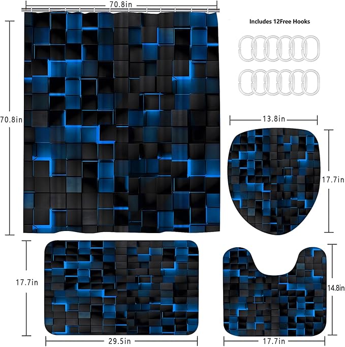 4Pcs Blue Shower Curtain Set 3D Cubes Bathroom Sets Modern Shower Curtain Set for Bathroom Sets with Rugs Black and Blue Shower Curtain with 12 Hooks