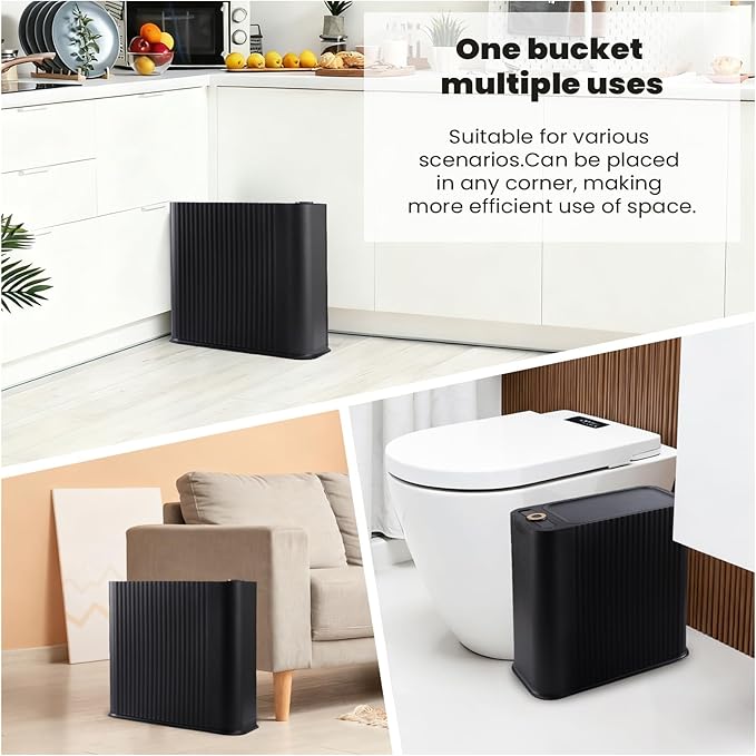 9-Piece Black & Gold Bathroom Set with Press-Top Slim Trash Can - Modern Bathroom Accessories Sets with Toilet Brush, Soap Dispenser, Toothbrush Set, Soap Dish & Apothecary Jars