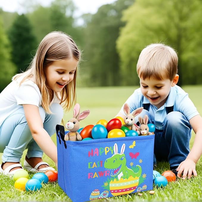 Personalized Dinosaur Easter Basket Bluey Fabric Large Empty Easter Basket for Boy and Girl (Dinosaur Blue Background)