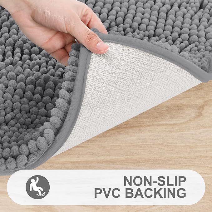 Grandaily Chenille Striped Bathroom Rugs 47x20, Extra Thick and Absorbent Bath Mats, Non-Slip Soft Plush Shaggy Shower Carpet, Machine Wash Dry, Bath Rug for Bathroom, Dark Gray