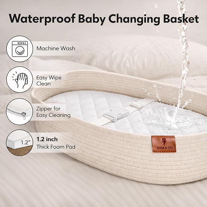 SOSA & CO Baby Changing Basket with Diaper Changing Pad Soft & Waterproof Dual-Cover Moses Baskets and Neutral Muslin Sheet - Diaper Changing Station - Cotton Rope Basket
