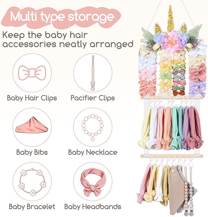 POVETIRE Headband Holder Bows Organizer for Girls, Unicorn Baby Bow Holder Hair Accessories Organizer Storage Wall Hanging for Toddler Room Nursery Decor