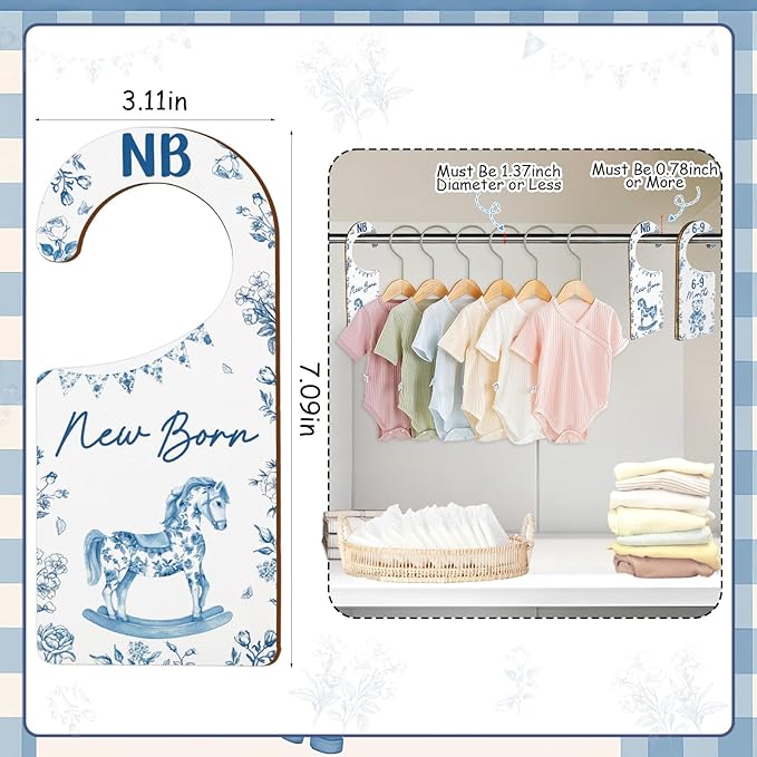 Baby Closet Dividers 8PCS, Blue Toile Themed Wooden Double-Sided Clothes Size Hanger/Organizer from Newborn to Toddler for Nursery Decor Baby Shower Birthday Gender Reveal Party Gift